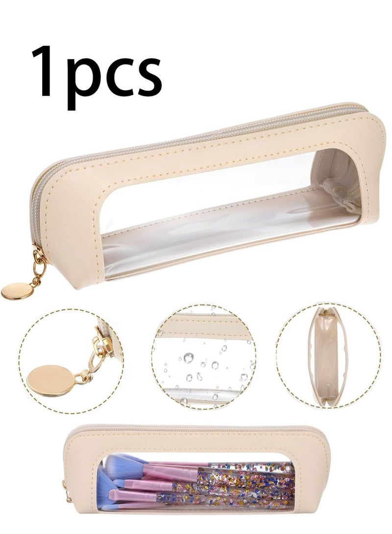 حقيبة مكياج شفافة، منظم مستحضرات تجميل شفاف محمول، حامل فرش مكياج من جلد البولي يوريثان، حقيبة أدوات تجميل مقاومة للماء للسفر مزودة بسحاب للنساء، حقيبة مكياج رفيعة للمنزل والمكتب والسفر (بيج) - Image 1