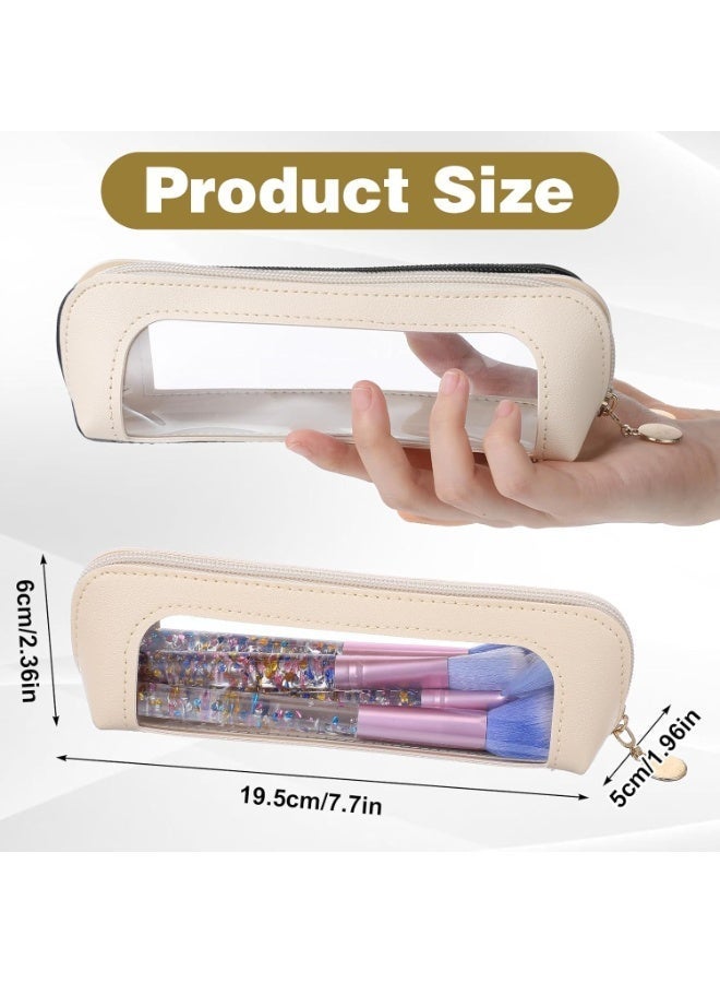 حقيبة مكياج شفافة، منظم مستحضرات تجميل شفاف محمول، حامل فرش مكياج من جلد البولي يوريثان، حقيبة أدوات تجميل مقاومة للماء للسفر مزودة بسحاب للنساء، حقيبة مكياج رفيعة للمنزل والمكتب والسفر (بيج) - Image 2