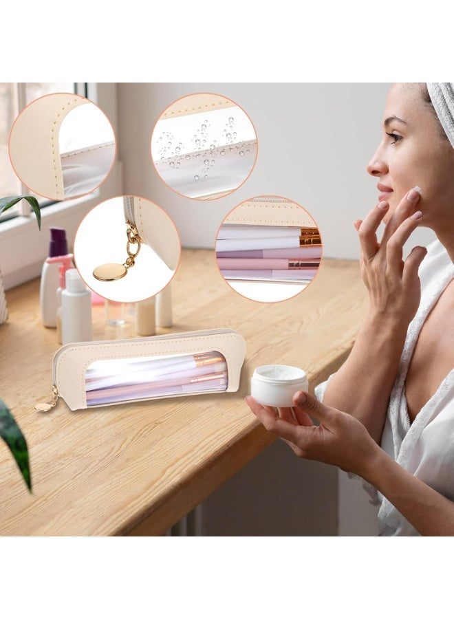 حقيبة مكياج شفافة، منظم مستحضرات تجميل شفاف محمول، حامل فرش مكياج من جلد البولي يوريثان، حقيبة أدوات تجميل مقاومة للماء للسفر مزودة بسحاب للنساء، حقيبة مكياج رفيعة للمنزل والمكتب والسفر (بيج) - Image 3