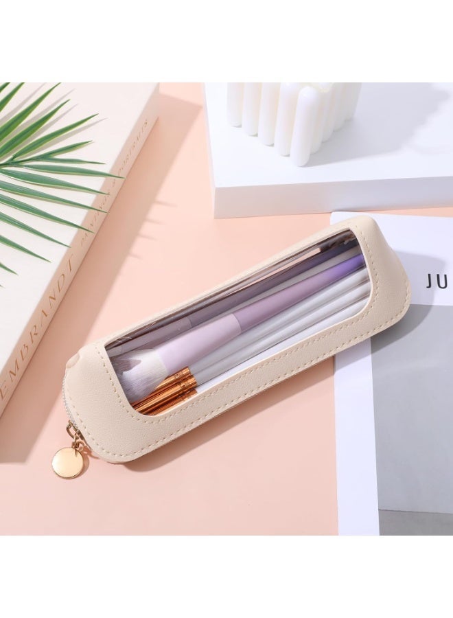 حقيبة مكياج شفافة، منظم مستحضرات تجميل شفاف محمول، حامل فرش مكياج من جلد البولي يوريثان، حقيبة أدوات تجميل مقاومة للماء للسفر مزودة بسحاب للنساء، حقيبة مكياج رفيعة للمنزل والمكتب والسفر (بيج) - Image 4