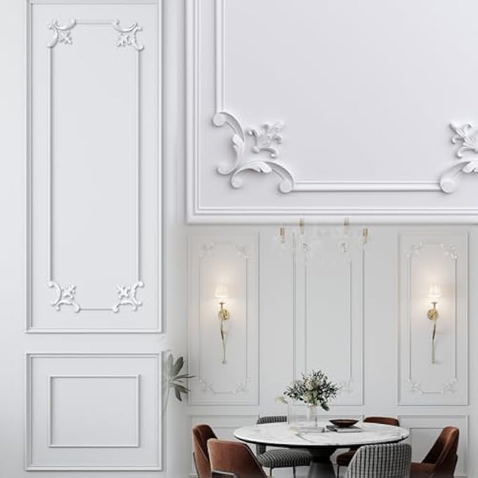 63 X 24.4 INCH WALL MOLDING KIT FRENCH STYLE CORNER PREMADE ACCENT MOLDING WAINSCOTING PANEL WITH FRENCH CORNER FOR INTERIOR WALL MOULDING DECOR, READY TO ASSEMBLE WAINSCOTING ACCENT PANEL - Image 1