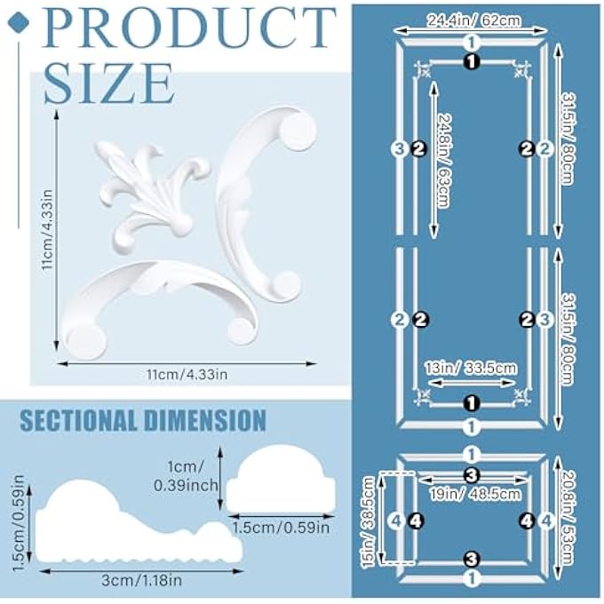 63 X 24.4 INCH WALL MOLDING KIT FRENCH STYLE CORNER PREMADE ACCENT MOLDING WAINSCOTING PANEL WITH FRENCH CORNER FOR INTERIOR WALL MOULDING DECOR, READY TO ASSEMBLE WAINSCOTING ACCENT PANEL - Image 3