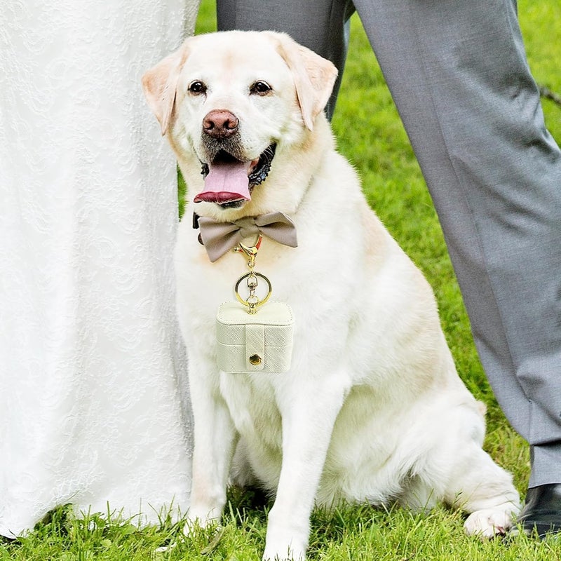 COSLANLEE Ring Bearer Pillows for Dog Collar, PU Leather Wedding Ring Pillow Box for Pet, Mini Ring Holder Pouch Box, Earrings Storage Box for Proposal Engagement Wedding Ceremony Party Ivory - Image 5