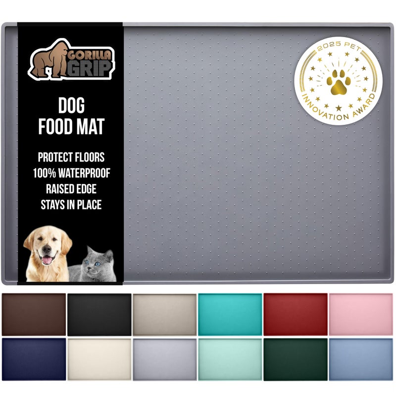 GORILLA GRIP 100% Waterproof Raised Edge BPA Free Silicone Pet Feeding Mat, Dog Cat Food Mats Contain Spills Protects Floors, Placemats for Cats and Dogs Water Bowl, Pets Accessories 18.5x11.5 Gray - Image 1