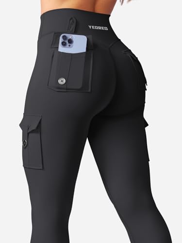 YEOREO CoreFlex Gym Workout Cargo Leggings with Pockets for Women Hidden Scrunch Butt Lifting Yoga Pants Black M - Image 3