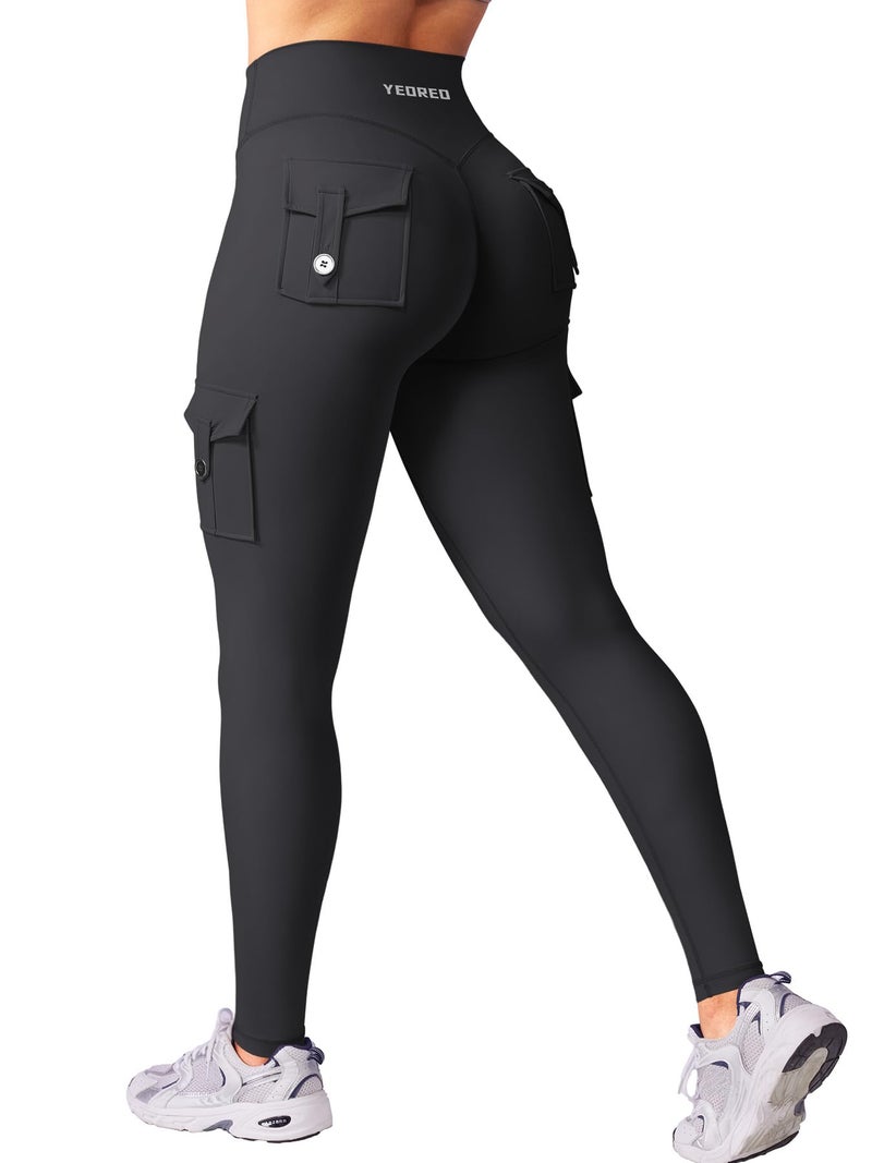 YEOREO CoreFlex Gym Workout Cargo Leggings with Pockets for Women Hidden Scrunch Butt Lifting Yoga Pants Black M - Image 2