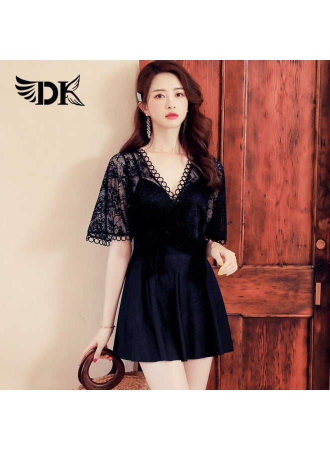 Dk Swimsuit For Women Push-up One-piece Dress-style Boyshorts, Conservative Tummy-covering Slimming Hot Spring Swimwear, Black, L - Image 2