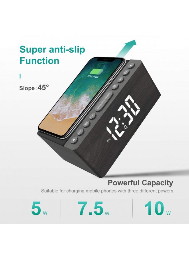 ANJANK ANJANK Wooden Digital Alarm Clock FM Radio,10W Fast Wireless Charger Station for iPhone/Samsung Galaxy,5 Level Dimmer,USB Charging Port,2 Wake up Sounds,Bedrooms Sleep Timer,Wood LED Clock for Bedside 