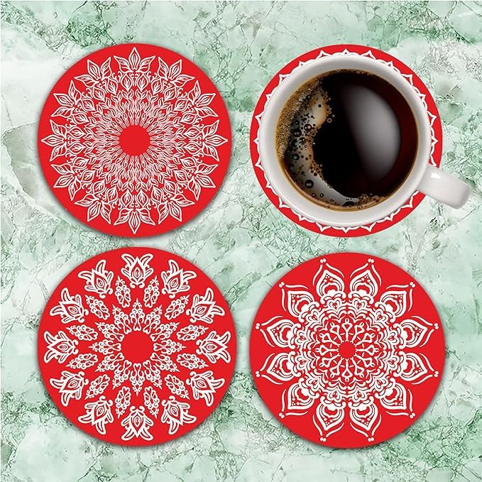 NIYA KRAFTS-DECORATE YOUR HOME Set of 6 Wooden Coasters with Tray Resin and Wax Coated for Heat Absorbent Coaster Set Fit for Tea Cups Coffee Mugs Glasses for Home Decor Coaster for Office Table Red Coasters - Image 1