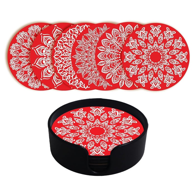 NIYA KRAFTS-DECORATE YOUR HOME Set of 6 Wooden Coasters with Tray Resin and Wax Coated for Heat Absorbent Coaster Set Fit for Tea Cups Coffee Mugs Glasses for Home Decor Coaster for Office Table Red Coasters - Image 2