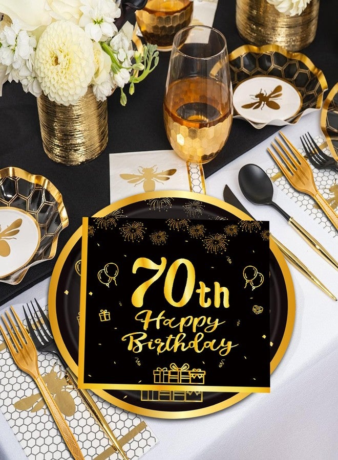 LDFDRT 60pcs 70th Birthday Party Paper Plates and Napkins Forks Black Gold Dessert Cake Plates Party Decorations Supplies Serves 20 Guest - Image 3