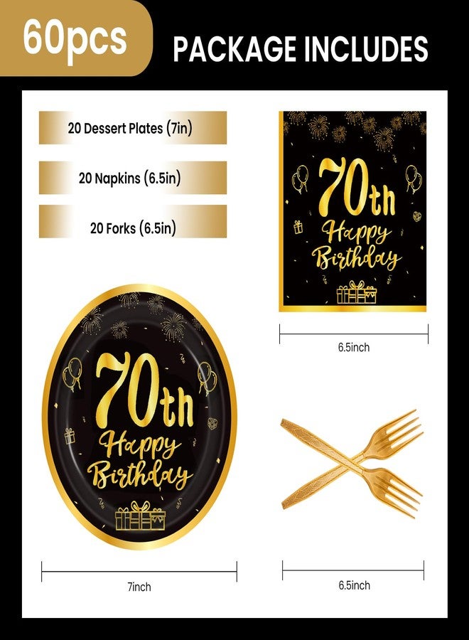 LDFDRT 60pcs 70th Birthday Party Paper Plates and Napkins Forks Black Gold Dessert Cake Plates Party Decorations Supplies Serves 20 Guest - Image 2