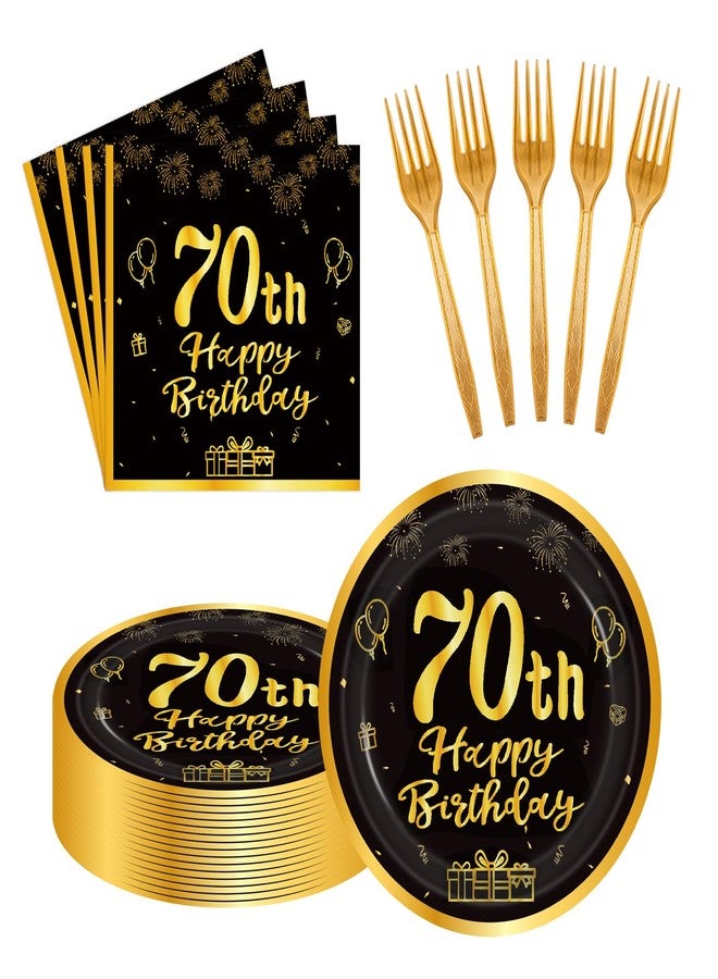LDFDRT 60pcs 70th Birthday Party Paper Plates and Napkins Forks Black Gold Dessert Cake Plates Party Decorations Supplies Serves 20 Guest - Image 1
