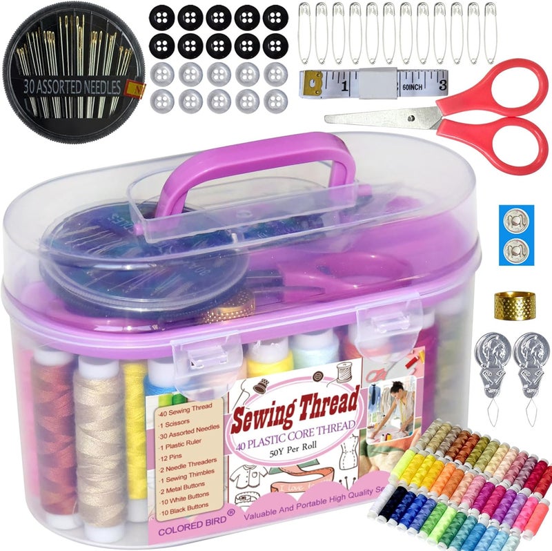 colored bird 40 Spools of Sewing Thread,Gift Box Portable Basic Sewing Repair Kits (Purple) - Image 1