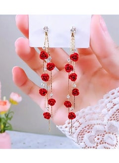 Home Clearance Sale Red Rose Flower Tassel With Shiny zirconia Decor Dangle Earrings Elegant Luxury Style Wedding Banquet Accessories  - Image 1