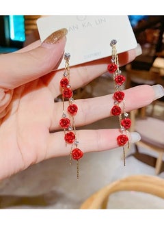 Home Clearance Sale Red Rose Flower Tassel With Shiny zirconia Decor Dangle Earrings Elegant Luxury Style Wedding Banquet Accessories  - Image 3