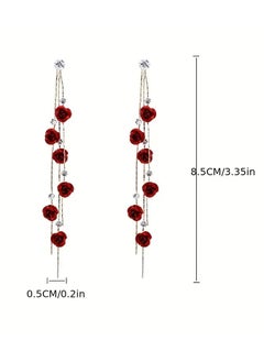 Home Clearance Sale Red Rose Flower Tassel With Shiny zirconia Decor Dangle Earrings Elegant Luxury Style Wedding Banquet Accessories  - Image 4
