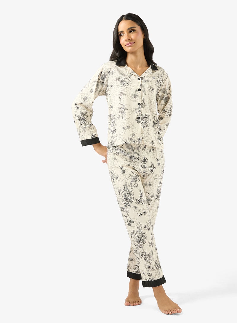 Ginger Satin Floral Monochrome Shirt & Pyjama Set - Image 1