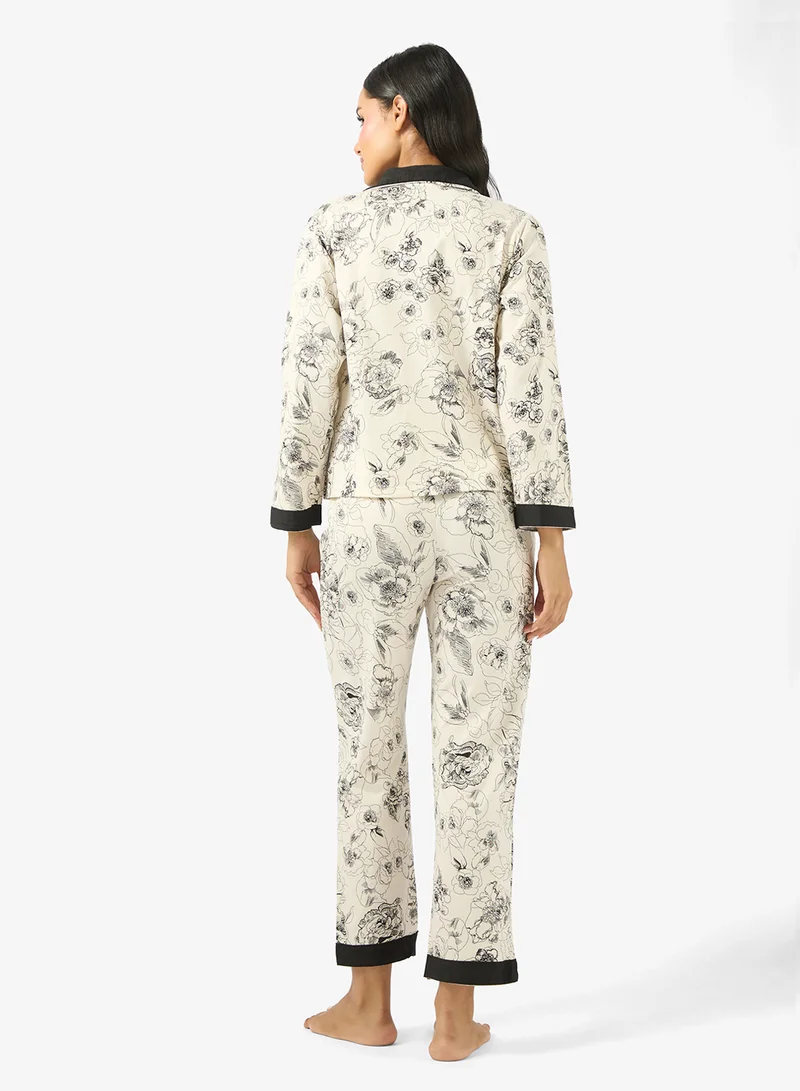 Ginger Satin Floral Monochrome Shirt & Pyjama Set