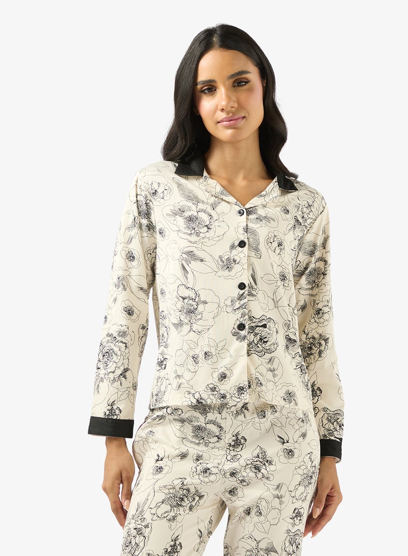 Ginger Satin Floral Monochrome Shirt & Pyjama Set - Image 3