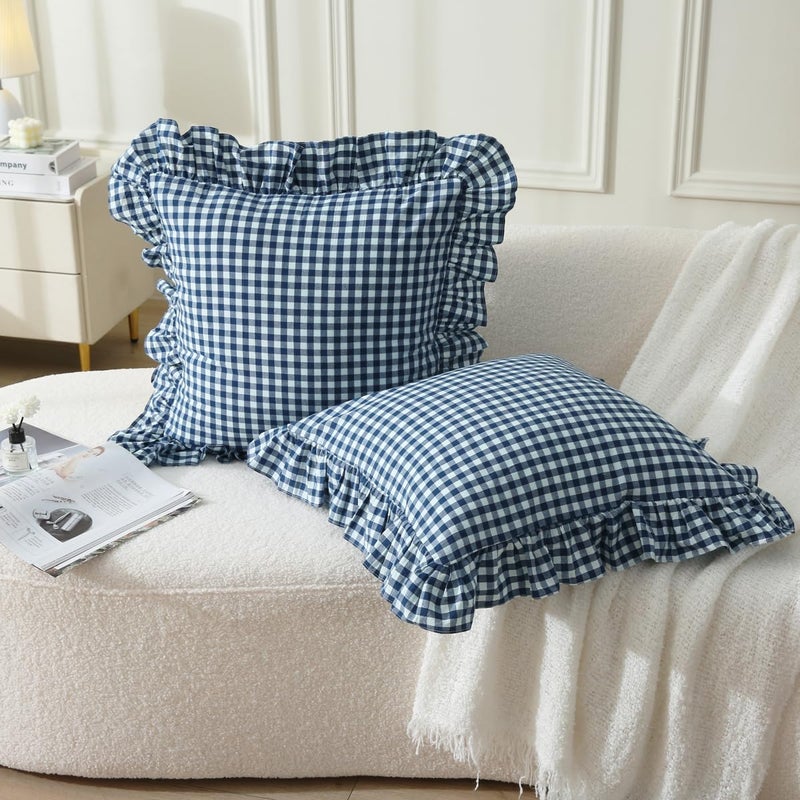 Silnuo 2 Pack Navy Blue/White Plaid Ruffle Throw Pillow Covers Shabby Checkered Chic Washed Cotton Gingham Pillow Shams for Bed, Sofa, Living Room-20"x20" - Image 1