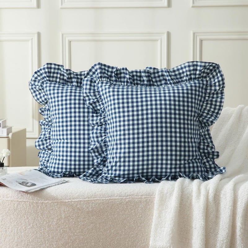 Silnuo 2 Pack Navy Blue/White Plaid Ruffle Throw Pillow Covers Shabby Checkered Chic Washed Cotton Gingham Pillow Shams for Bed, Sofa, Living Room-20"x20" - Image 2