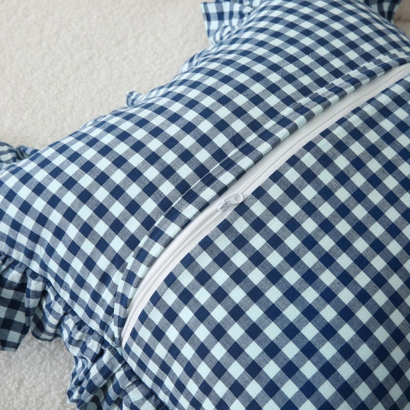 Silnuo 2 Pack Navy Blue/White Plaid Ruffle Throw Pillow Covers Shabby Checkered Chic Washed Cotton Gingham Pillow Shams for Bed, Sofa, Living Room-20"x20" - Image 4