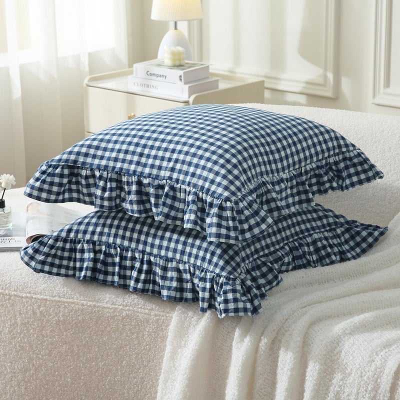 Silnuo 2 Pack Navy Blue/White Plaid Ruffle Throw Pillow Covers Shabby Checkered Chic Washed Cotton Gingham Pillow Shams for Bed, Sofa, Living Room-20"x20" - Image 3