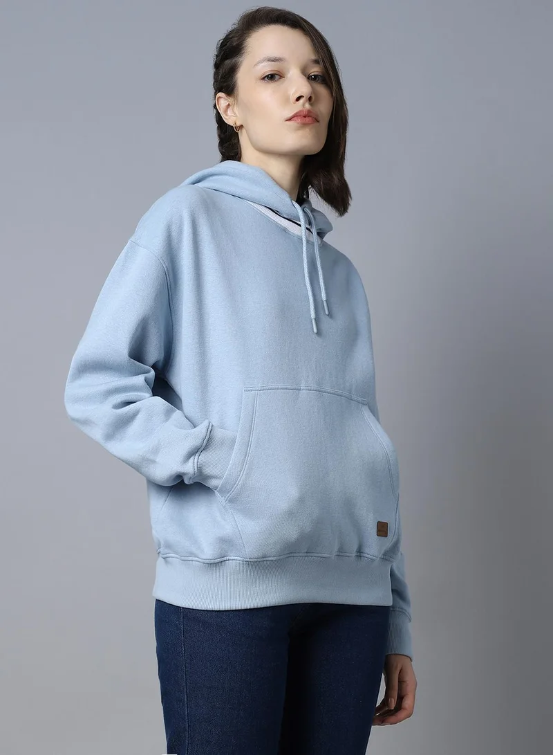 Women's Blue Cotton Blend Solid Pattern Regular Fit Sweatshirt