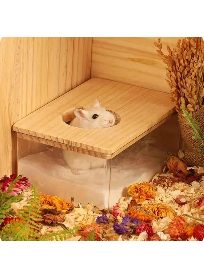 صندوق فضلات الاستحمام للهامستر مزدوج الاستخدام من الأكريليك، مرحاض وحمام اثنان في واحد مع غطاء خشبي - Image 3