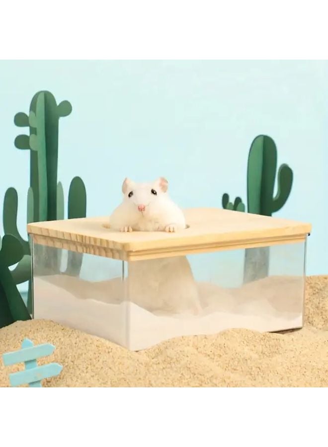 صندوق فضلات الاستحمام للهامستر مزدوج الاستخدام من الأكريليك، مرحاض وحمام اثنان في واحد مع غطاء خشبي - Image 5