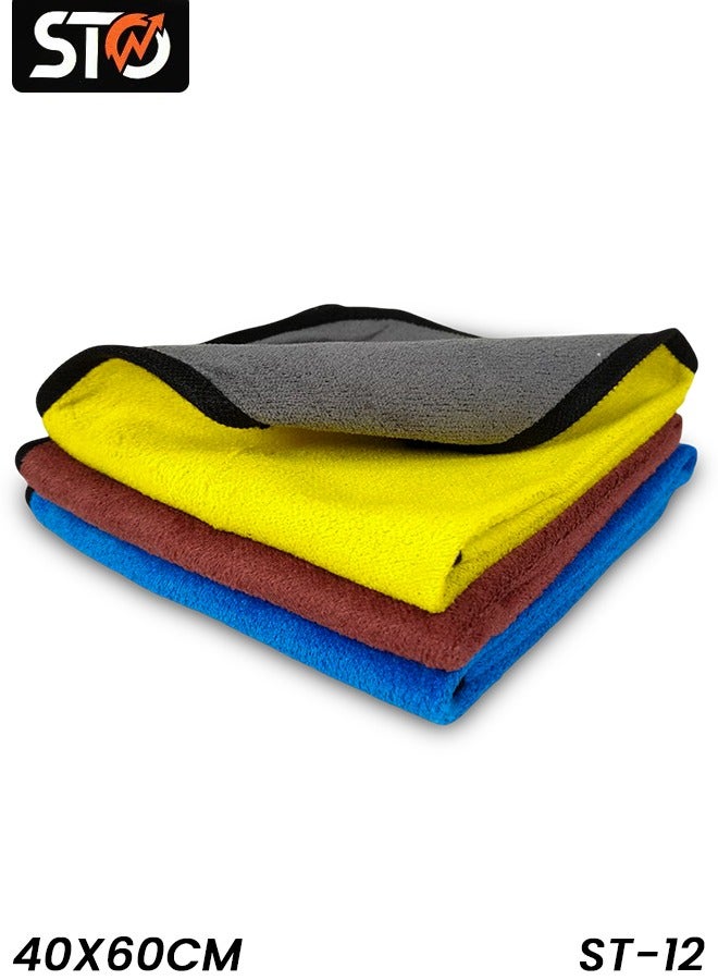Generic STO ST-12 Microfiber Cleaning Towels Set 3PCS – 40x60cm Each – Blue, Yellow, Brown – Double-Sided, Lint-Free, Super Absorbent, Quick Dry, Reusable, Machine Washable – for Car, Kitchen, Glass, Office, Multi-Surface Use  - Image 1