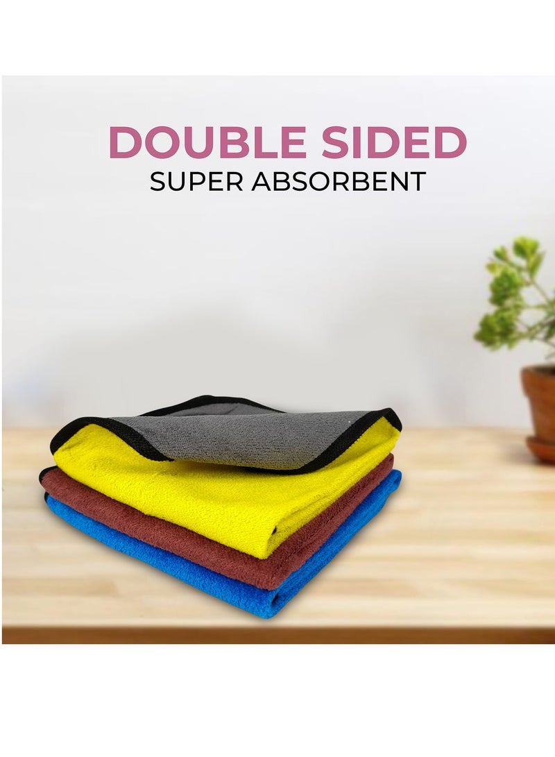 Generic STO ST-12 Microfiber Cleaning Towels Set 3PCS – 40x60cm Each – Blue, Yellow, Brown – Double-Sided, Lint-Free, Super Absorbent, Quick Dry, Reusable, Machine Washable – for Car, Kitchen, Glass, Office, Multi-Surface Use  - Image 2