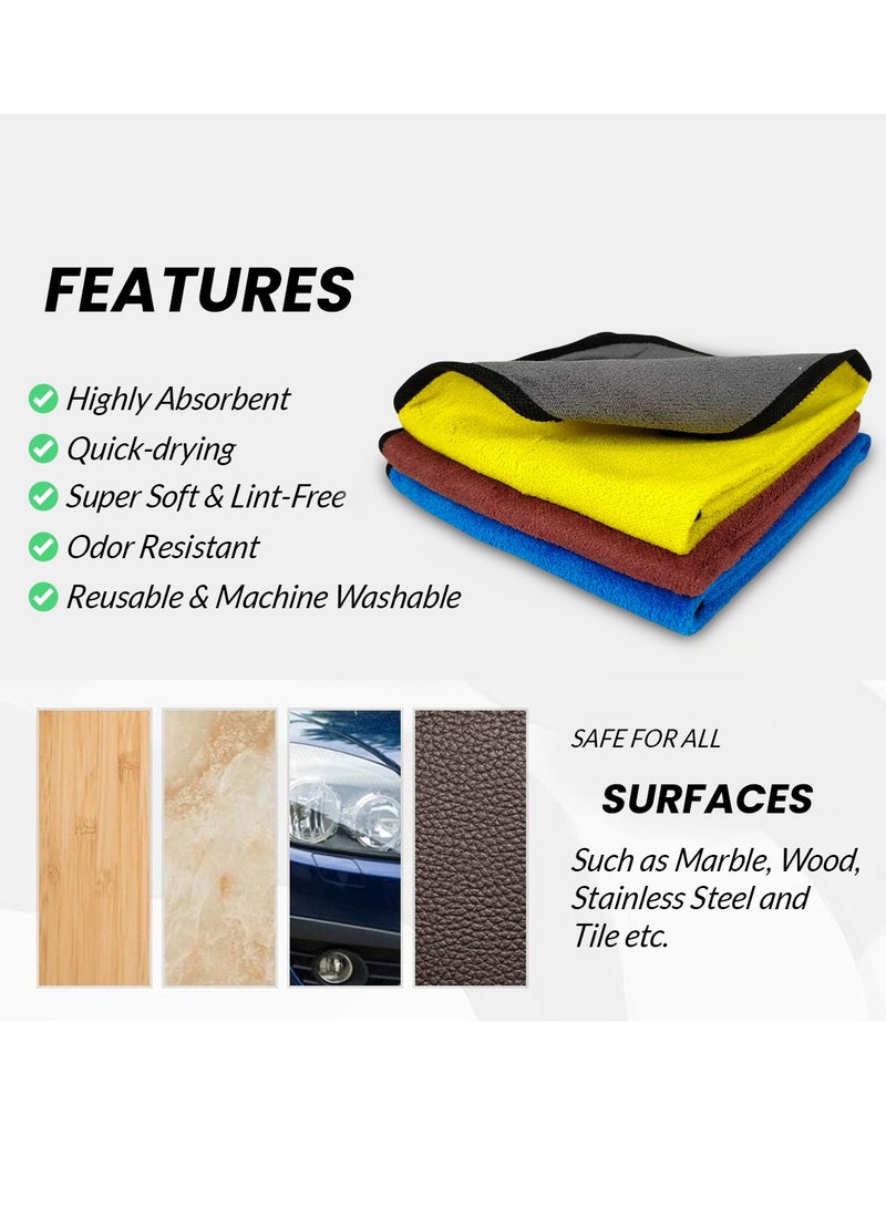 STO ST-12 Microfiber Cleaning Towels Set 3PCS – 40x60cm Each – Blue, Yellow, Brown – Double-Sided, Lint-Free, Super Absorbent, Quick Dry, Reusable, Machine Washable – for Car, Kitchen, Glass, Office, Multi-Surface Use