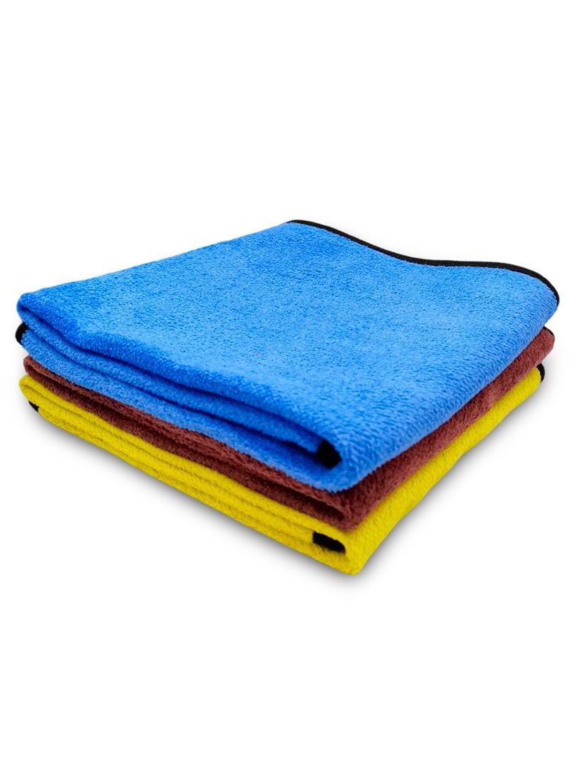 STO ST-12 Microfiber Cleaning Towels Set 3PCS – 40x60cm Each – Blue, Yellow, Brown – Double-Sided, Lint-Free, Super Absorbent, Quick Dry, Reusable, Machine Washable – for Car, Kitchen, Glass, Office, Multi-Surface Use
