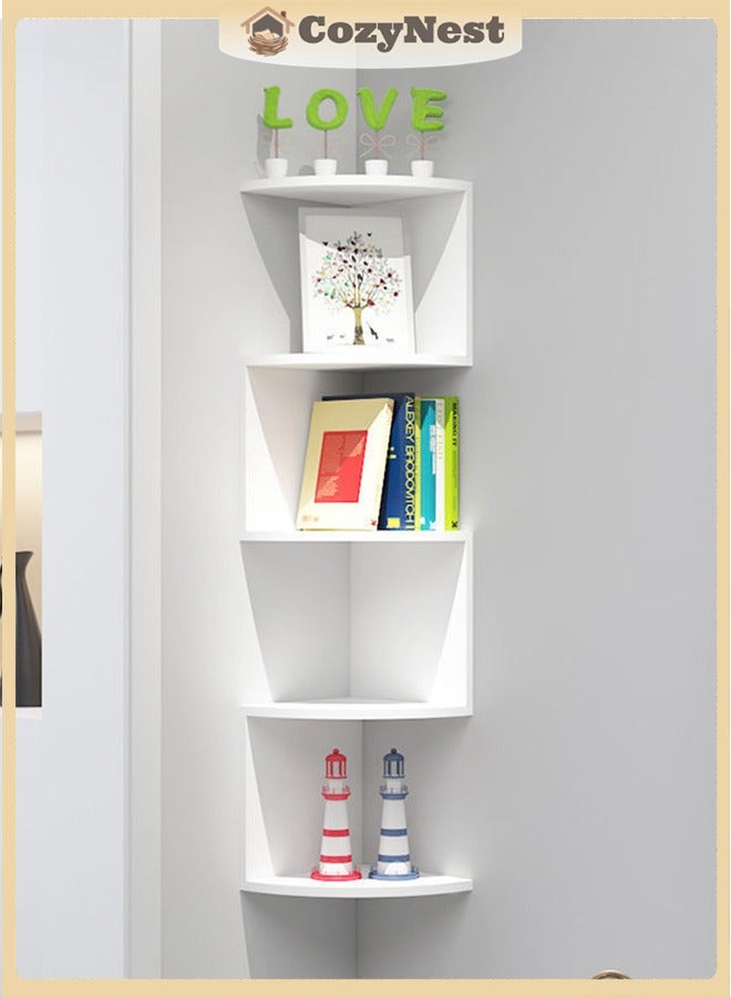 كوزينيست رف كتب زاوية من 5 طبقات، رف جداري عائم ورف تخزين لتوفير المساحة، رف عرض للمساحات الصغيرة، لغرفة المعيشة وغرفة النوم والمكتب والحمام وديكور المنزل - Image 1