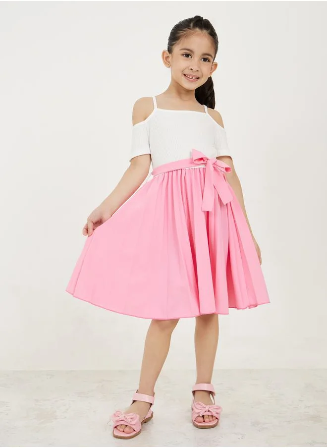 Styli Colorblock Cold Shoulder Pleated Hem A-Line Dress