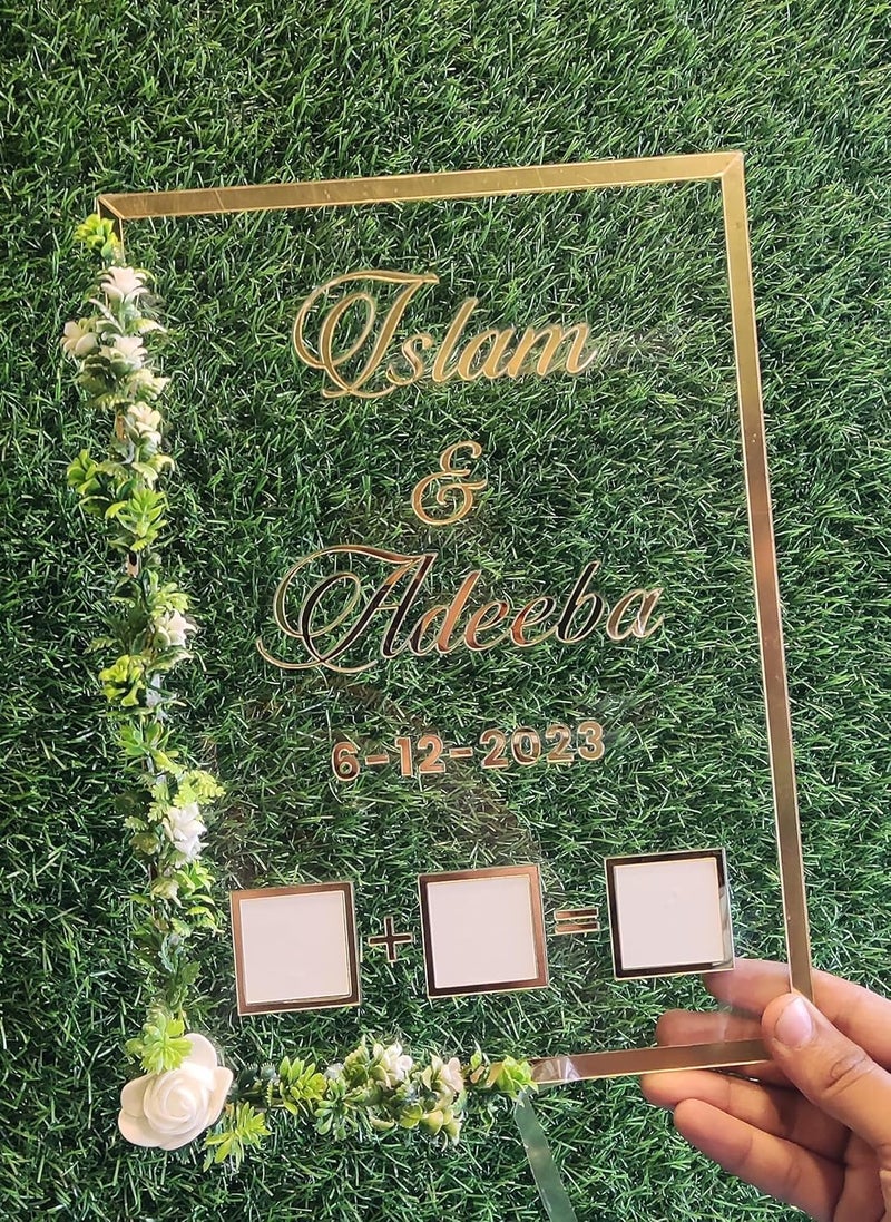 Custom Inventoo Couple Thumb Impression Gift Wedding Thumb Print Couple Best Gift Finger Print Gift Personalized Text Golden Metal Design Rectungle Shape With Flower Decoration - Image 1