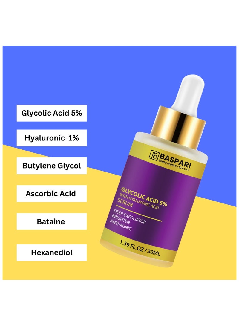 BASPARI Baspari Glycolic Acid Serum 5% with Hyaluronic Acid Serum ,Bright & Anti Dark Spot Face Serum, Instant Glow 30ml  - Image 3