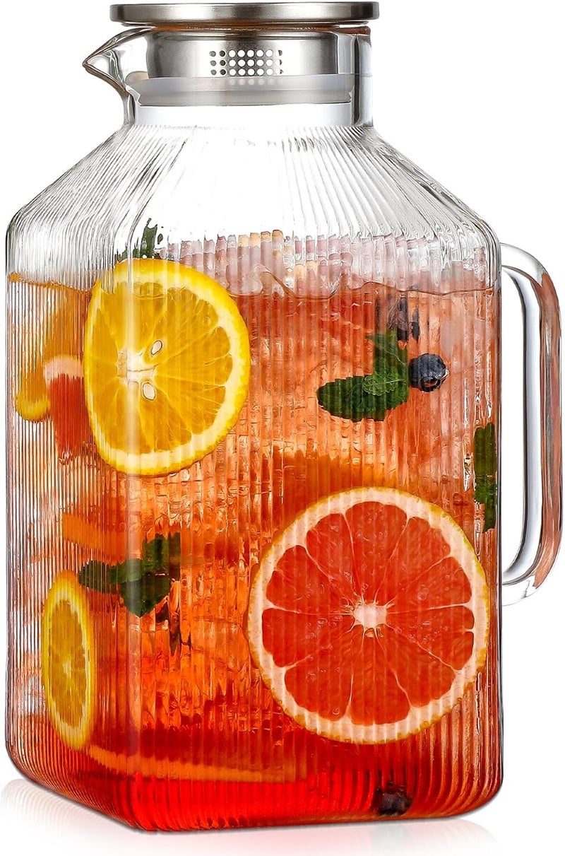 Snuvid 1 Gallon thickened Square Glass Pitcher with Lid, Classic Stripes Water Pitchers for Fridge, Borosilicate Glass Carafe for Hot/Cold Brew Drink, Extra Large Jug with Handle for Iced Tea, Coffee, Juice - Image 1
