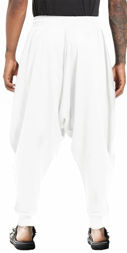 PACEIADTA Men Elastic Waist Harem Pants Loose Drawstring Drop Crotch Trousers (Large, White-1) - Image 2