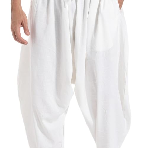 PACEIADTA Men Elastic Waist Harem Pants Loose Drawstring Drop Crotch Trousers (Large, White-1) - Image 3