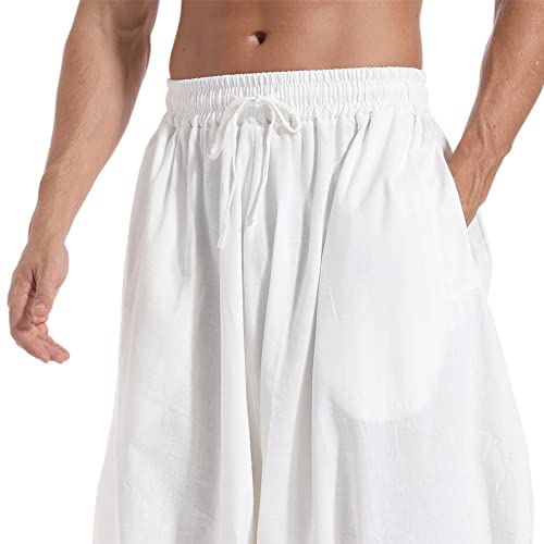 PACEIADTA Men Elastic Waist Harem Pants Loose Drawstring Drop Crotch Trousers (Large, White-1) - Image 4