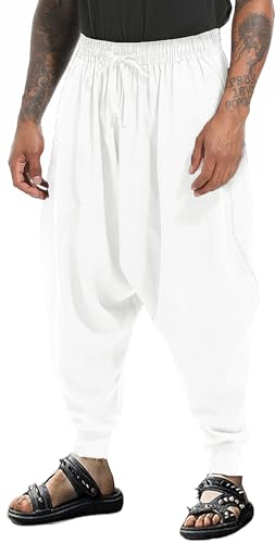 PACEIADTA Men Elastic Waist Harem Pants Loose Drawstring Drop Crotch Trousers (Large, White-1) - Image 5
