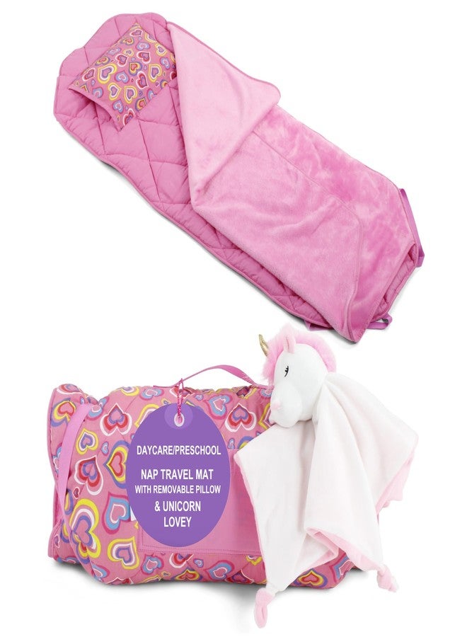 Emily Rose Toddler Nap Sleep Cot Mat for Kids Girls - Ideal for Travel, Preschool and Daycare, with Removable Pillow and Attached Soft Fleece Blanket - Includes Unicorn Lovey Stuffed Toy | 100% Cotton - Image 1