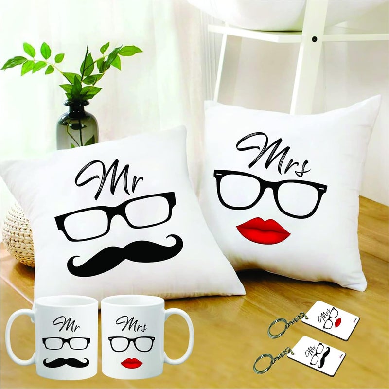 PICRAZEE PICRAZEE Mr Mrs Couple Gift Combo for Anniversary Husband and Wife 2 nos of 12x12 Satin Cushion with Filler 2 nos Mugs 2 nos Keyrings 1202 - Image 1