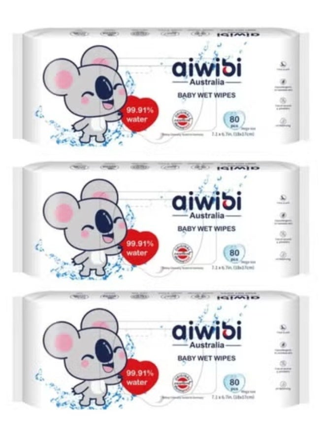 aiwibi 3pcs Aiwibi 99.91% Water Baby Wet Wipes - 80 Wipes - Image 1