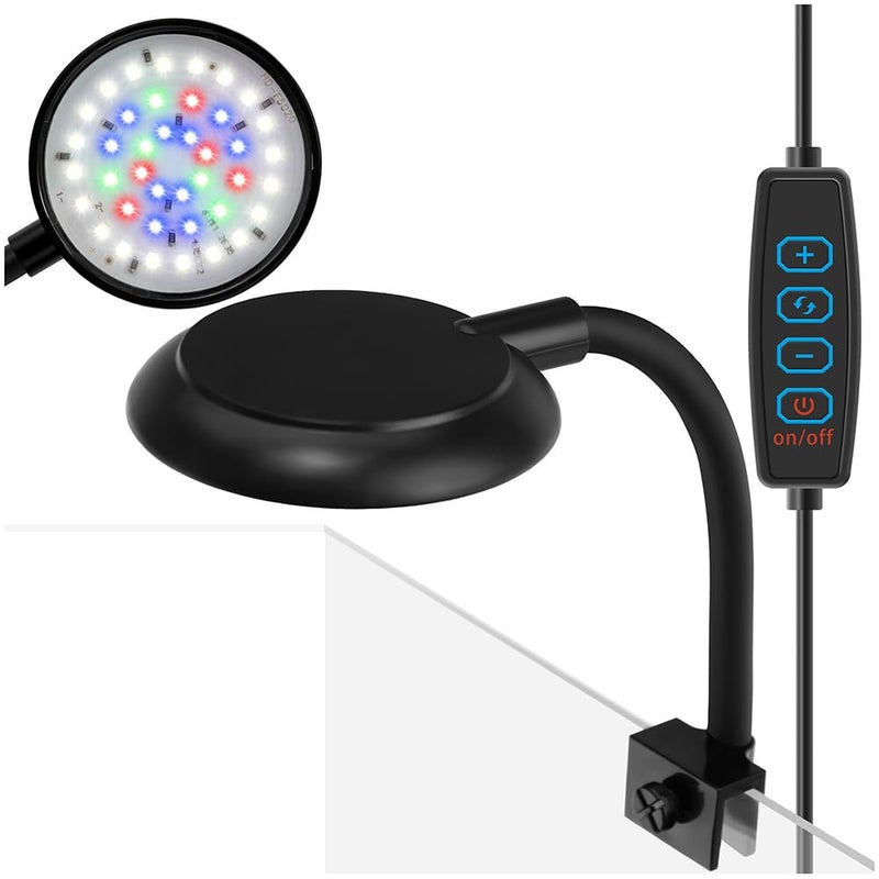 DaToo Mini Clip On Aquarium Light 7W Dimmable Small Fish Tank Light USB Moving Lamp with White Red Blue Green LED for 1 to 3 Gallon Tanks - Image 1