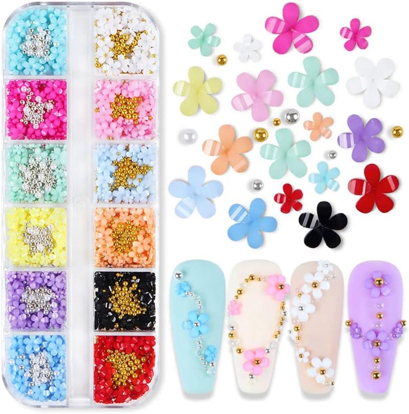 Dornail 12 Grid 3D Flower Nail Charms 12 Colours Acrylic Flowers Nail Rhinestones Mixed Cherry Blossom Gold Silver Beads Nails Accessories DIY Nail Art Nail Design Nail Art Decoration Set - Image 5