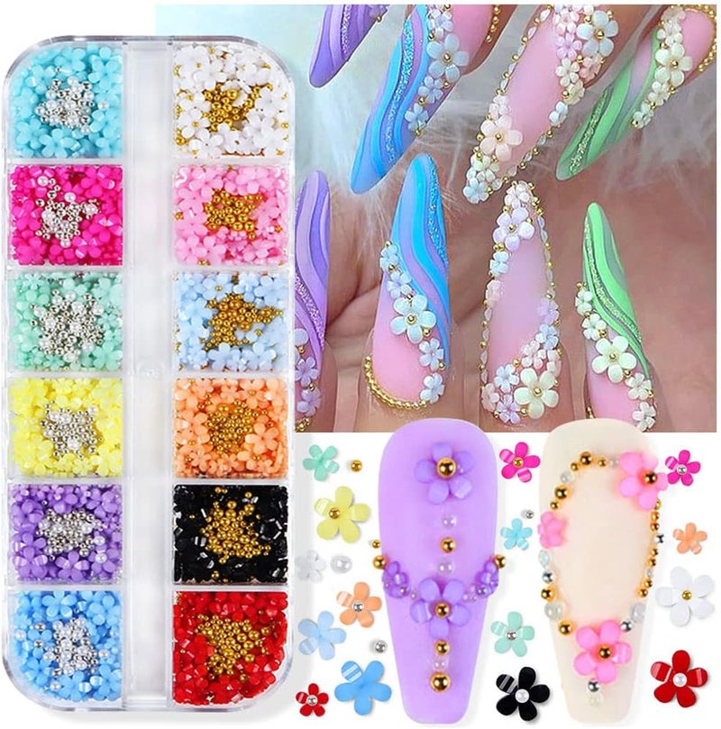 Dornail 12 Grid 3D Flower Nail Charms 12 Colours Acrylic Flowers Nail Rhinestones Mixed Cherry Blossom Gold Silver Beads Nails Accessories DIY Nail Art Nail Design Nail Art Decoration Set - Image 1